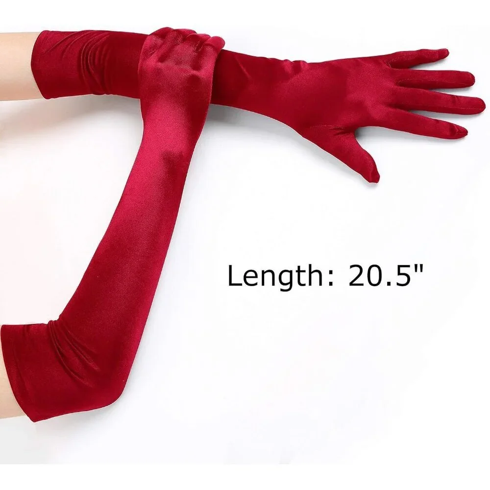 Women's Smooth Dark Red Long Satin Gloves Elbow Length Party Costume Accessory